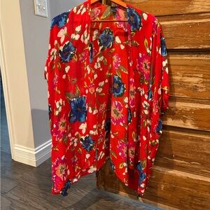 NWOT D&Y Bohemian Kimono Cardigan One Size 100% Viscose Red Blue Multi Soft